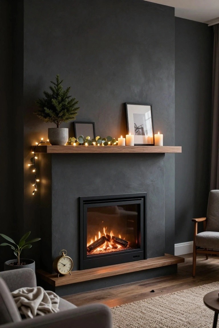 Dark textured wall with wooden mantel over gas fireplace with flames, decorated with string lights, green leaf garland, white candles, framed photos, small potted Christmas tree, clock, and nearby gray armchair with throw and potted plant.