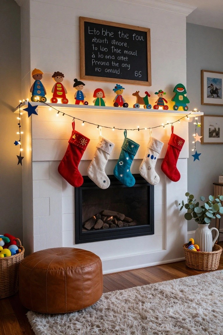White brick fireplace mantel with fairy lights, colorful hanging stockings in red white teal and blue, wooden toy figures on the shelf above, and toy baskets on the floor in front.
