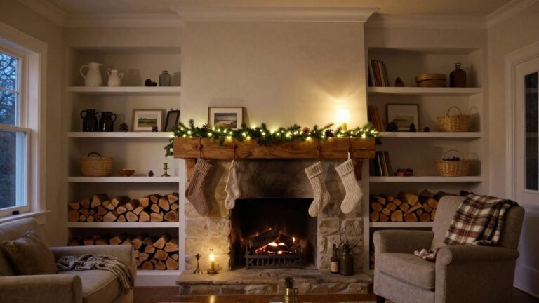 A living room fireplace with a rustic wooden beam mantel decorated with evergreen garland and fairy lights, three knitted stockings in beige, white, and red hanging from leather straps, a lit gas fire, brass candlesticks, pinecones, and a beige armchair with plaid throw nearby.