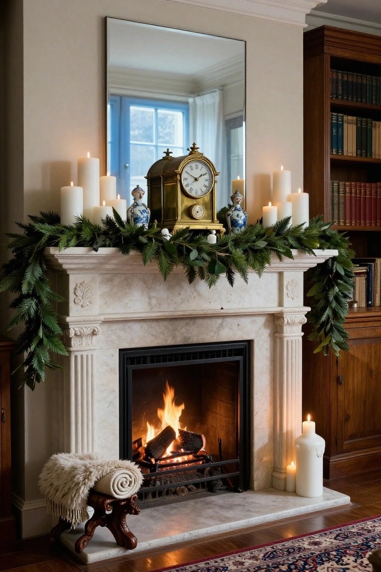 Marble fireplace mantel decorated with evergreen garland, multiple white pillar candles, gold clock, blue-and-white porcelain figurines, and flanked by bookshelves, with a lit fire inside and a carved stool holding a rolled fur blanket nearby.