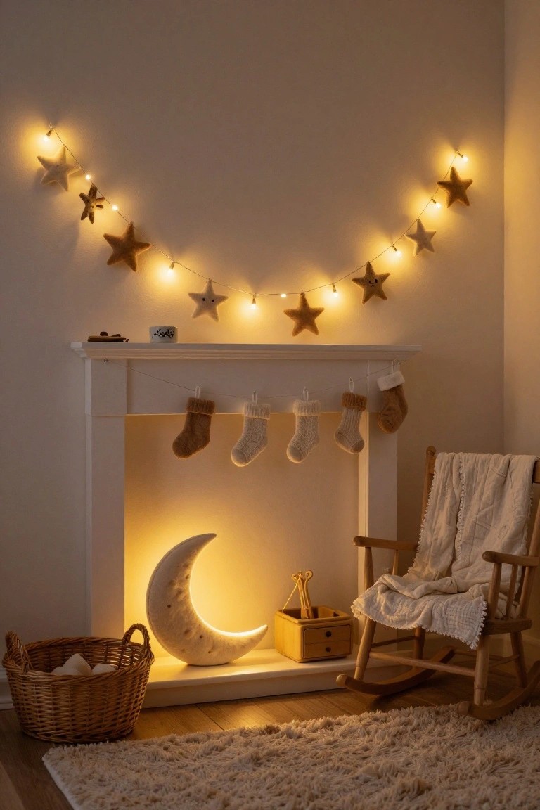 White fireplace mantle with hanging knit stockings, topped by a garland of beige felt stars strung with warm fairy lights, a glowing white crescent moon lamp beside it, wooden rocking chair with blanket nearby, and woven basket on the floor in a softly lit room.