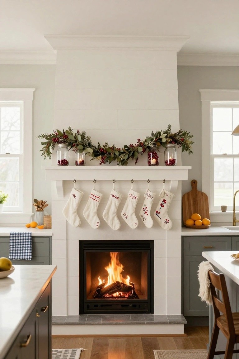 White shiplap fireplace mantel in a light gray kitchen decorated with greenery garland, mason jars holding red berries and candles, five white embroidered stockings hanging from hooks, fire burning inside the fireplace, and kitchen counters with oranges and dish towel nearby.