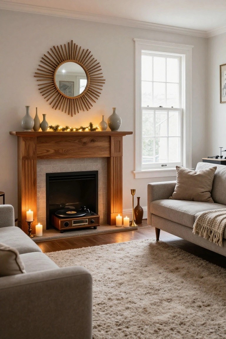 Living room with wooden fireplace mantel decorated with fairy light-strung greenery garland and vases, gray sofa with throw nearby, candles on hearth, warm ambient lighting.