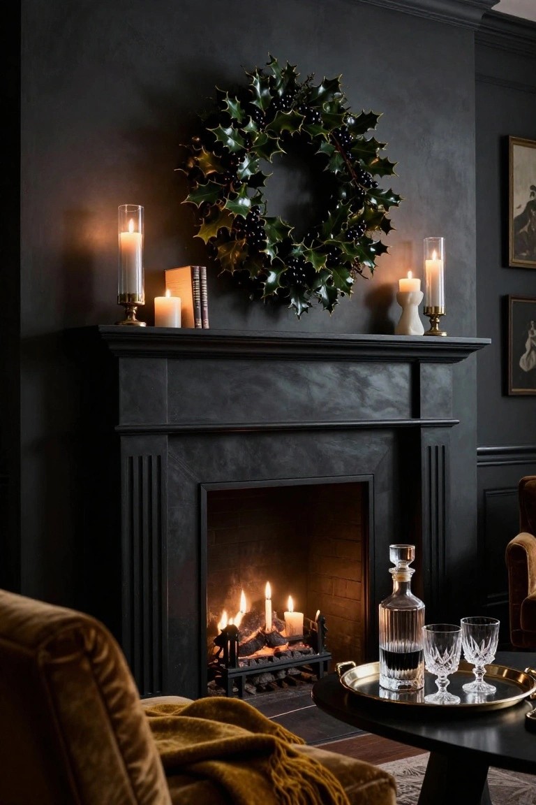 Dark interior room with black textured walls and mantel displaying a large holly wreath, flanked by white and tall candles on brass holders, lit fireplace below, crystal decanter and glasses on a tray nearby, and edge of a mustard velvet armchair.