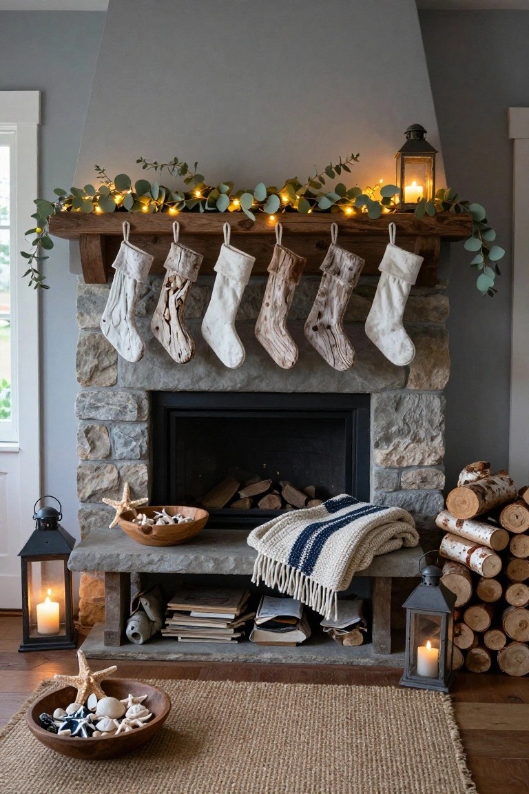 Stone fireplace mantel with wooden beam holding several white and textured neutral Christmas stockings draped over it, eucalyptus garland with fairy lights, lanterns with candles, firewood stacks, and bowls of shells and starfish on the hearth and floor.