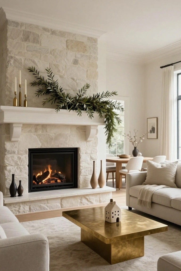 Living room with beige stone fireplace topped by white mantel holding olive branch garland, gold candles, and vases, cream sofa on plush rug with brass coffee table, and nearby wood dining table with white chairs.