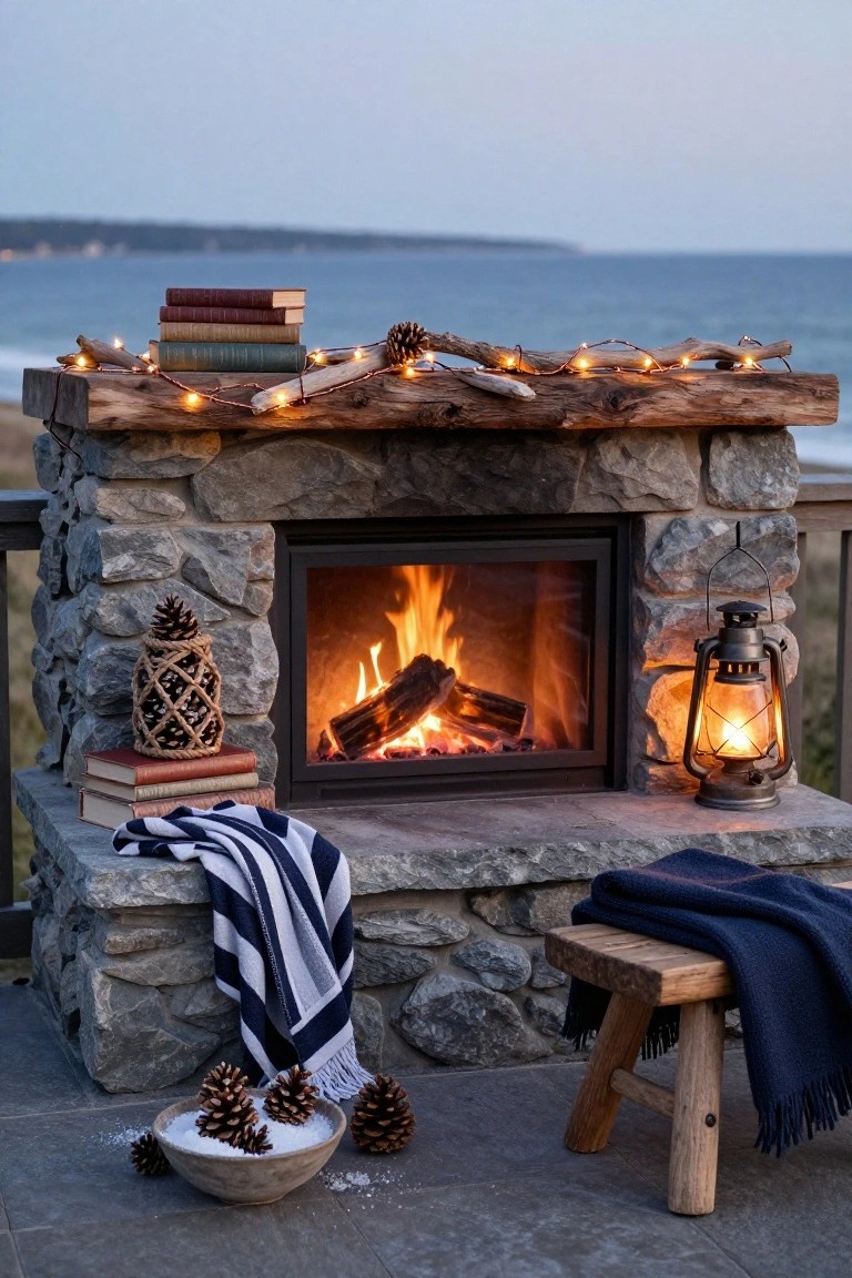 Stone outdoor fireplace on a wooden deck with burning fire, mantel topped by driftwood garland with string lights, stacked books, nautical pinecone decoration, blankets on a stool, lanterns, pinecones in a bowl, ocean view at dusk.