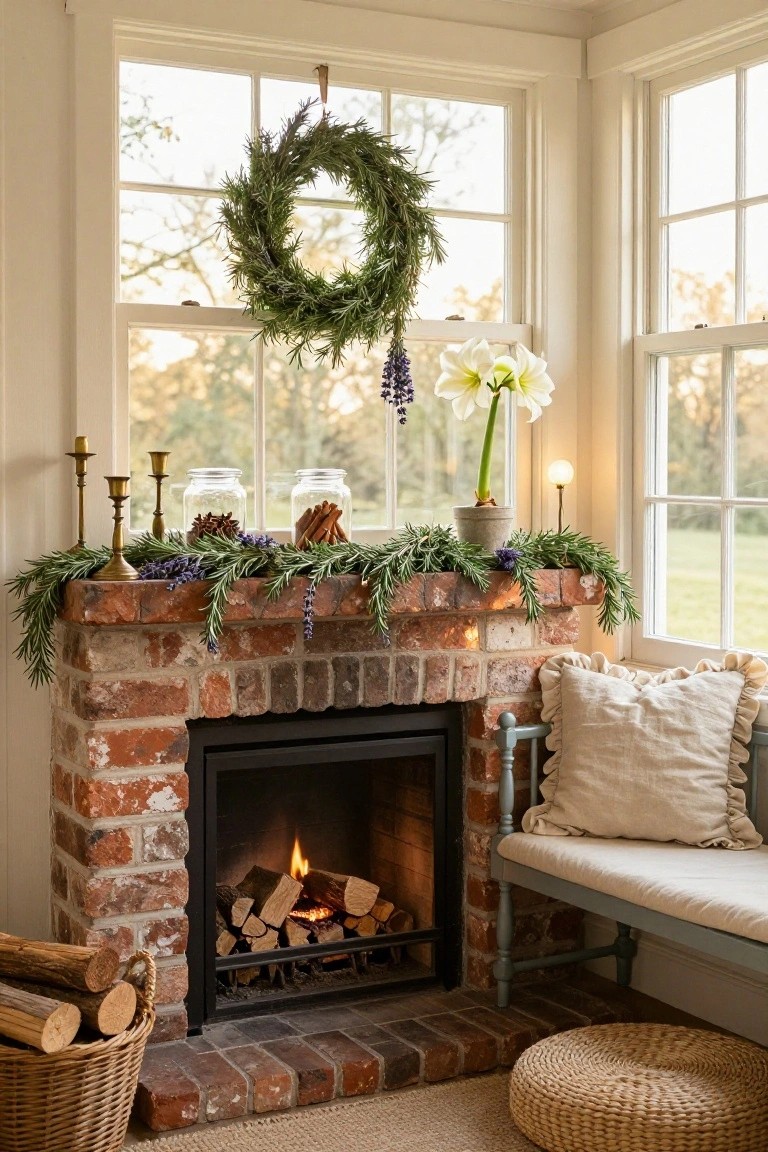 Brick fireplace mantel decorated with rosemary garland, lavender sprigs, cinnamon sticks in glass jars, brass candlesticks, and potted plants, in a light-filled room with large windows, cushioned bench, and firewood basket.