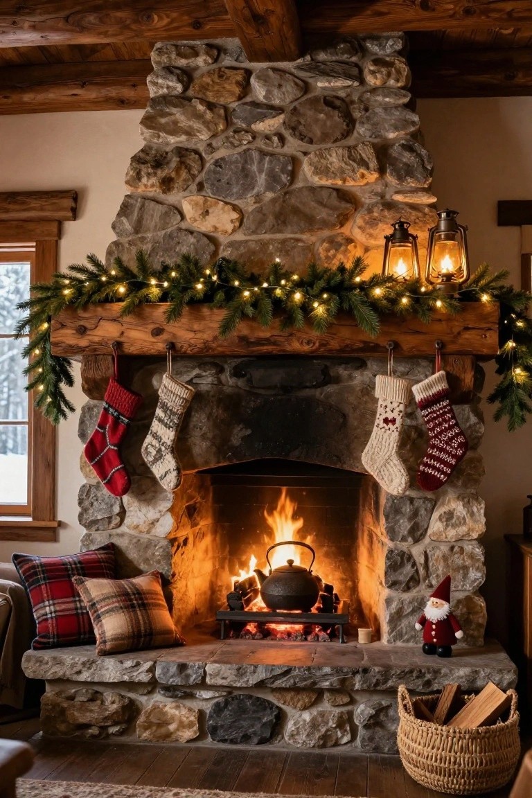Rustic stone fireplace in a log cabin interior with wood mantel draped in evergreen garland with fairy lights, four colorful knit stockings hanging from hooks, black kettle over the fire, lanterns above, gnome figure and pillows on hearth, firewood basket nearby, window showing snowy view.
