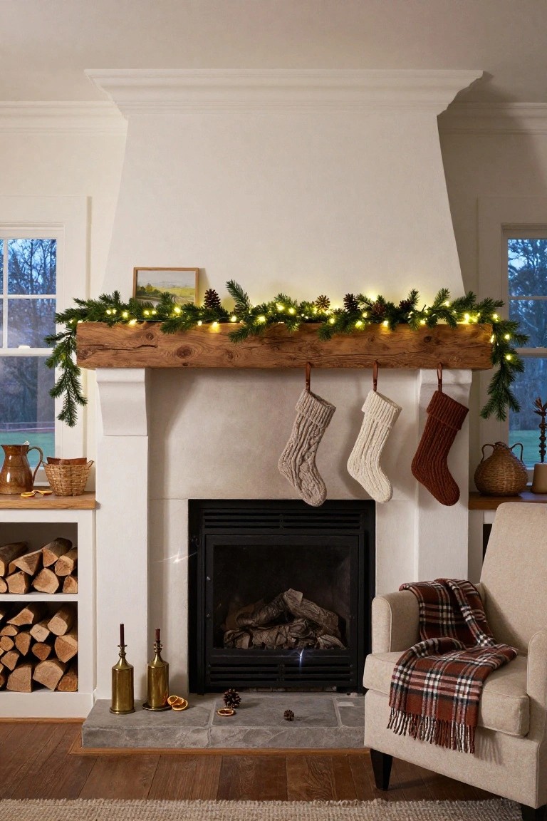 A living room fireplace with a rustic wooden beam mantel decorated with evergreen garland and fairy lights, three knitted stockings in beige, white, and red hanging from leather straps, a lit gas fire, brass candlesticks, pinecones, and a beige armchair with plaid throw nearby.