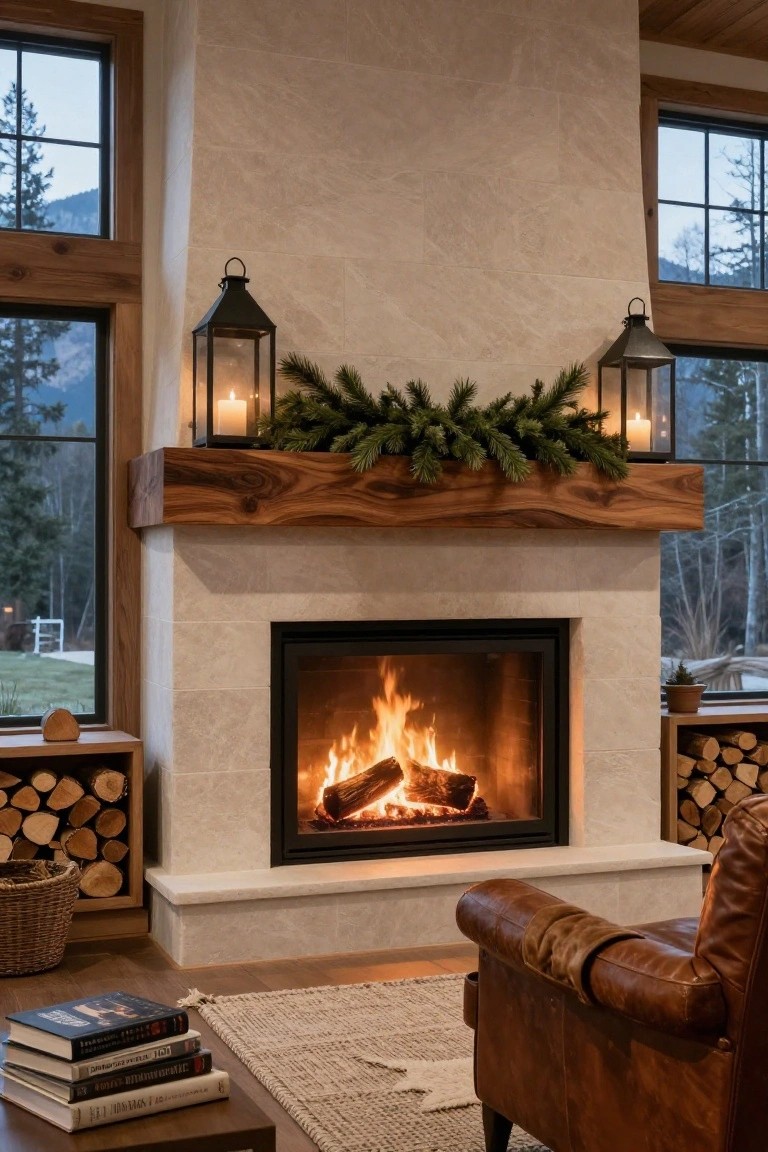 Wood mantel over a stone fireplace with evergreen garland draped across it, flanked by two black lanterns with lit candles, firewood stacked nearby, leather armchair in front, and mountain view through large windows.