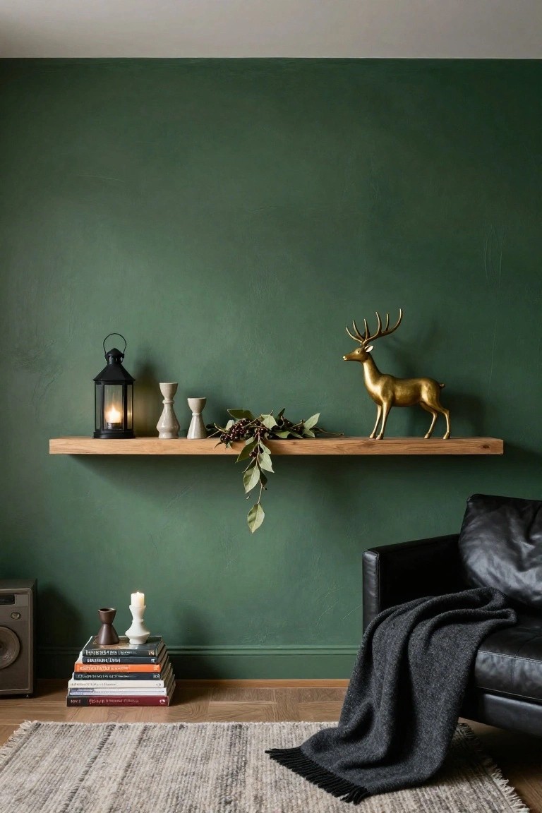 Green wall in a living room with wooden floating shelf displaying black lantern with lit candle, white candlesticks, berries, eucalyptus greenery, and gold deer statue; below shelf, black leather armchair with gray throw blanket, stack of books on small table with candle, woven rug on wood floor.