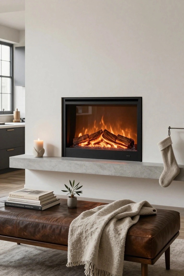 Modern interior with black-framed electric fireplace on concrete mantel holding stack of books, potted olive plant, and white candle, white knit stocking hanging from hook beside it, brown leather ottoman with white throw blanket in front, kitchen visible in background.