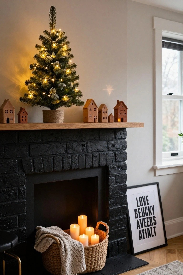 A small lit artificial Christmas tree on a wooden mantel above a black brick fireplace, flanked by small terracotta houses, with a basket of pillar candles on the hearth below.