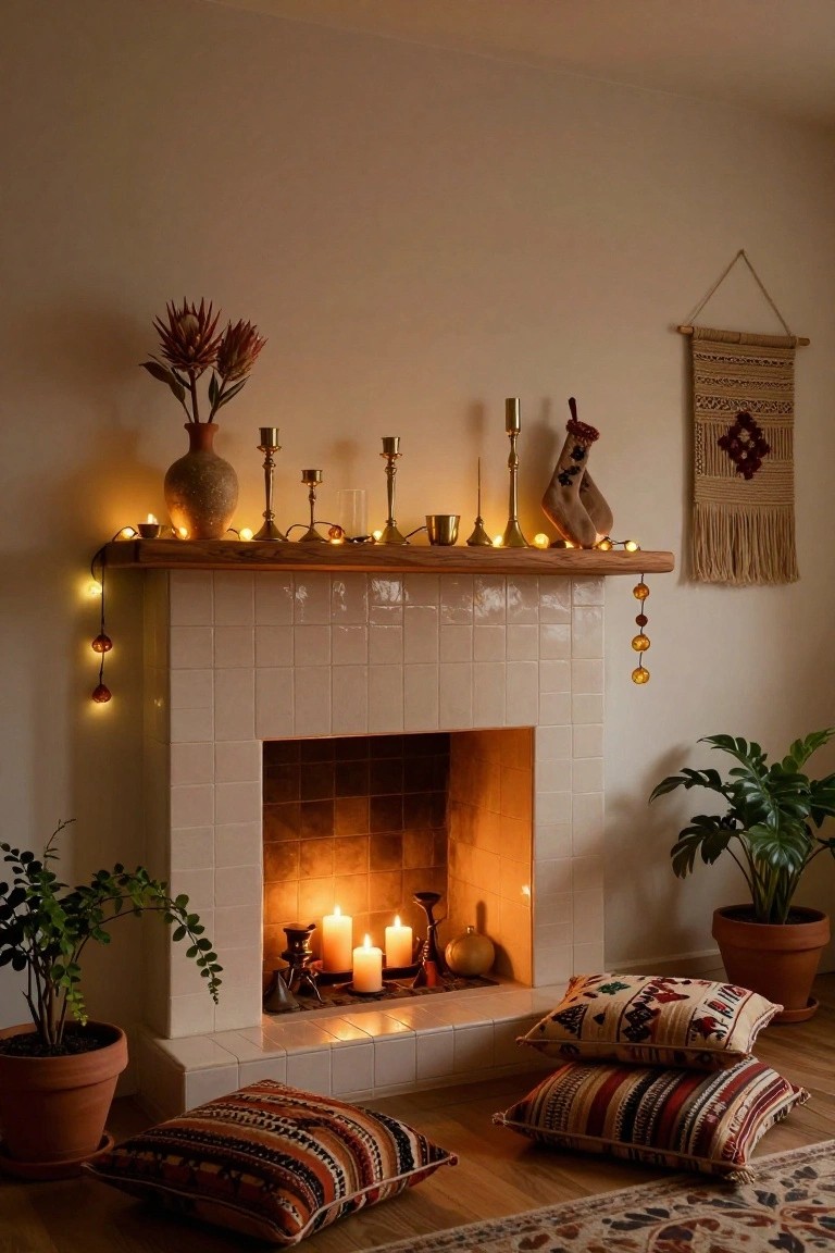 A wooden mantel above a tiled fireplace holds brass candlesticks with lit candles, terracotta pots with dried flowers and plants, glass vessels, string lights, and knit stockings, with woven wall hangings and floor pillows nearby in a warmly lit room.