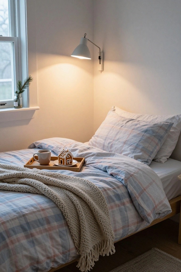 Wooden tray holding a white mug of tea and a small gingerbread house on a bed with light blue plaid duvet and pillows in a bedroom with a window and wall lamp.