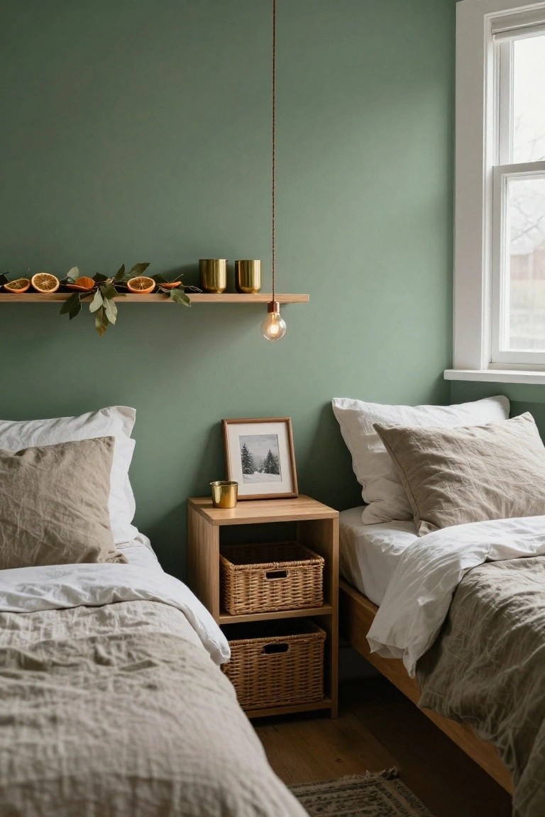 Bedroom corner with sage green walls, two wooden beds with white and beige linen bedding, matching nightstands holding wicker baskets and a photo frame, wooden floating shelf with gold cups oranges eucalyptus garland and pendant bulb light, beside a double-hung window.