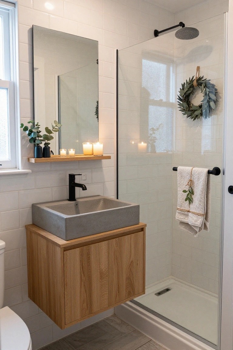 Small white-tiled bathroom with oak floating vanity holding concrete sink, black faucet, frameless glass shower enclosure, wooden shelf with candles and eucalyptus above mirror, eucalyptus wreath on shower door, and towel with greenery accent.