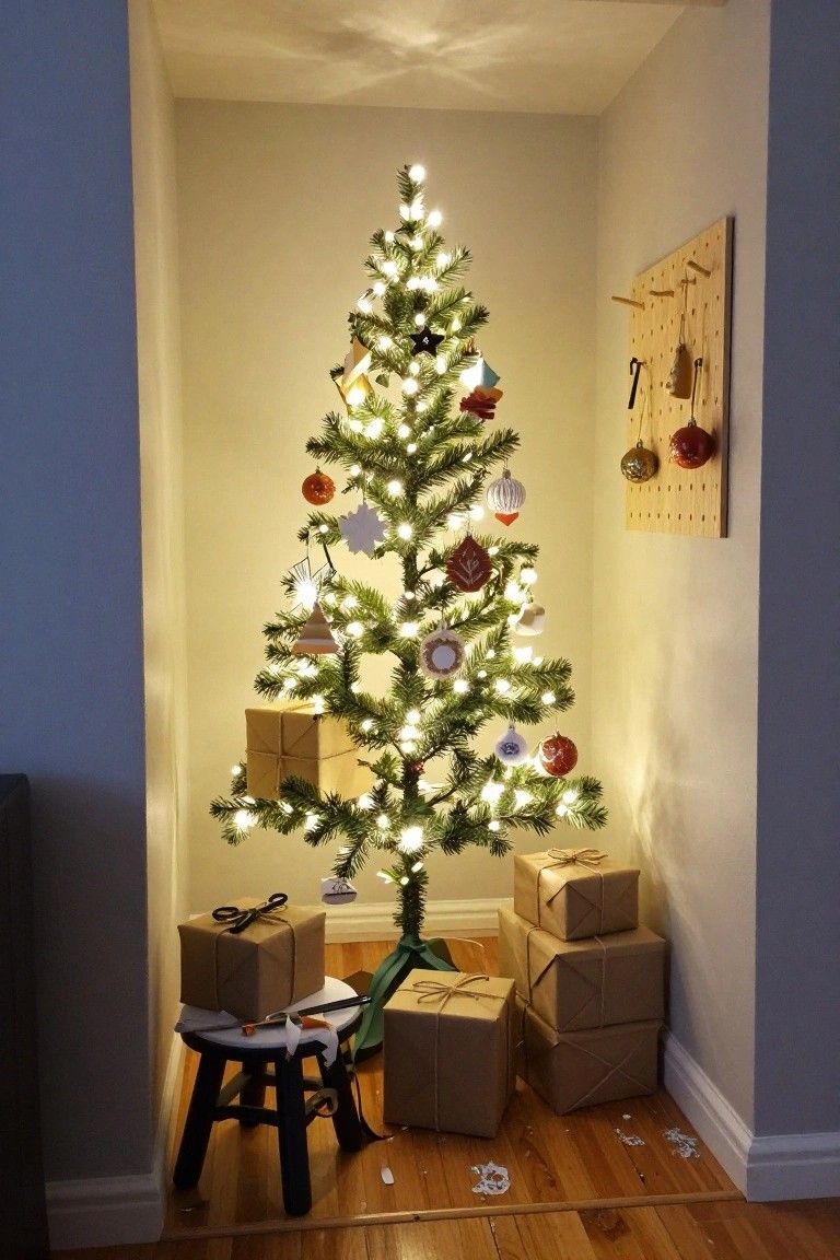 A small artificial Christmas tree lit with white lights and decorated with various ornaments stands in a narrow white-walled closet space, with several brown paper-wrapped gift boxes at its base and a black wooden stool in front.
