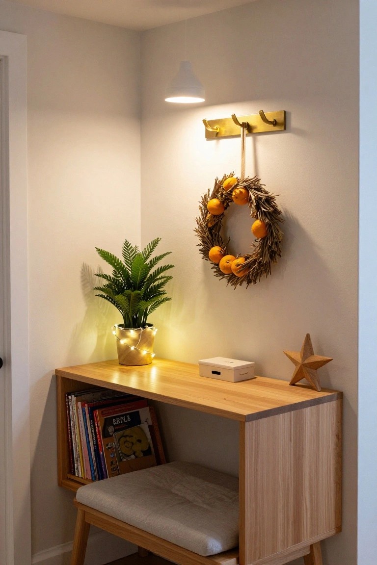 Wooden console table with integrated bench and cushion in a light-colored room corner, topped with a white box and wooden star, shelved books below, fairy-lit potted plant nearby, and orange wreath on wall with brass wall light above.