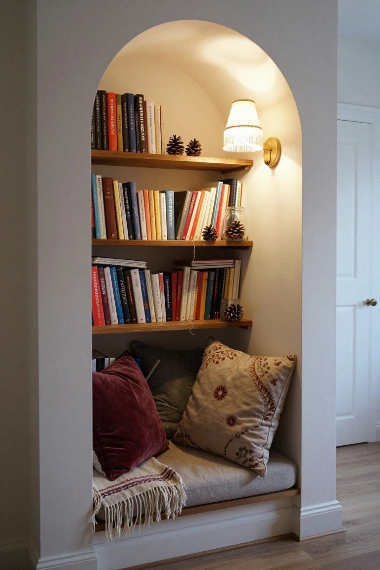 Arched white alcove with wooden bookshelves holding books and pinecones, a cushioned bench with pillows and a fringed blanket below, and a fabric-shaded wall lamp.