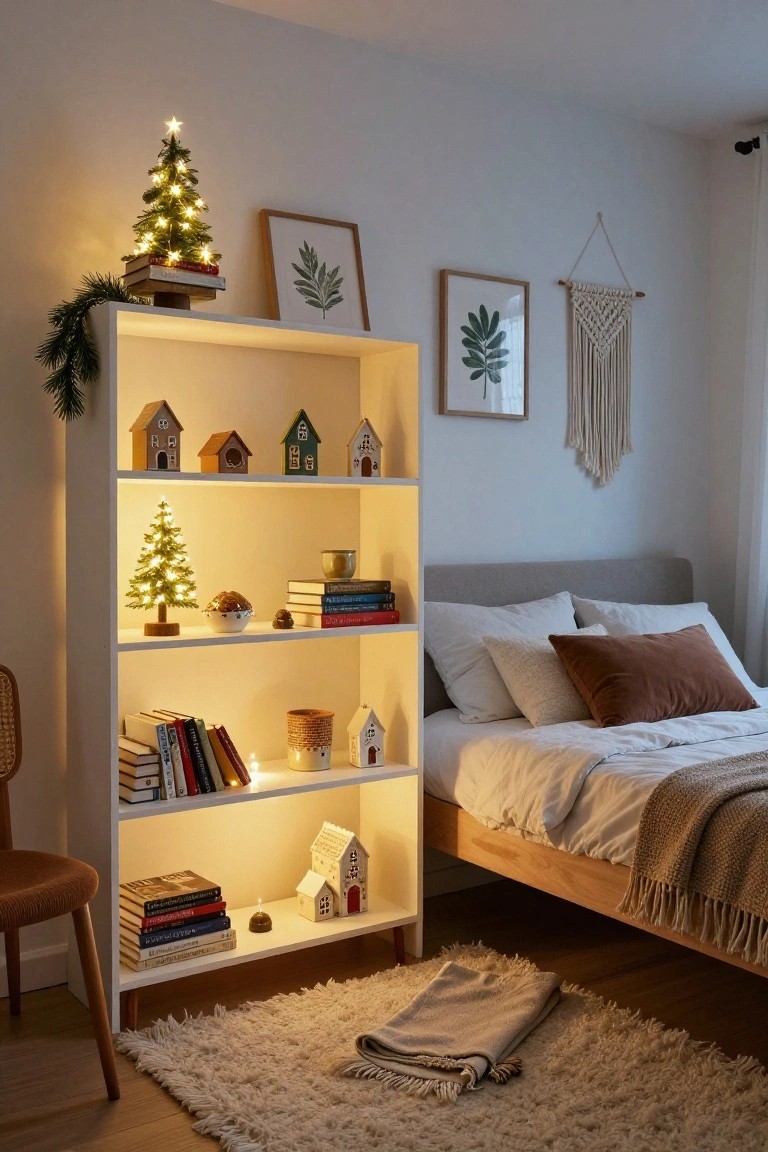 White open bookshelf in a cozy bedroom filled with miniature lit Christmas trees, gingerbread houses, books, candles, and garland, beside a bed with neutral pillows and throws on a wooden floor.