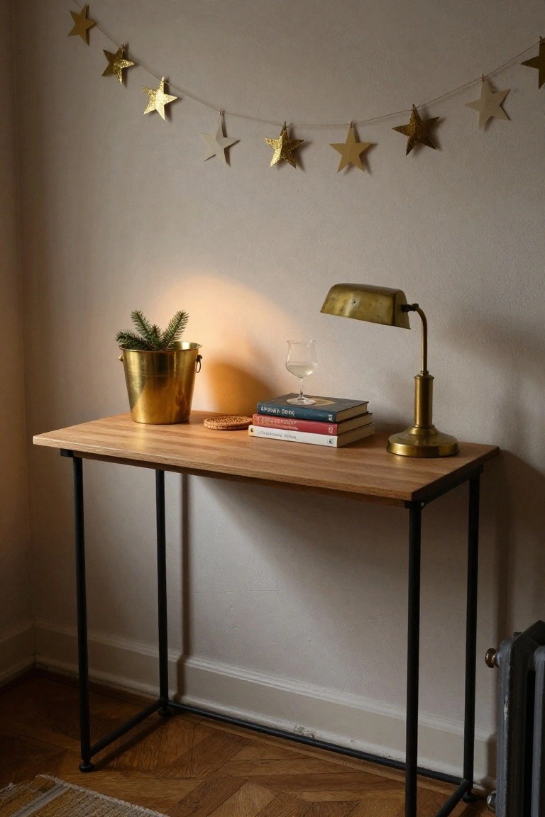 Slim wooden console table with black metal legs in a room corner, topped with books, brass lamp, wine glass, and brass bucket containing small fir branches, gold and white paper star garland strung on wall above, radiator visible nearby.