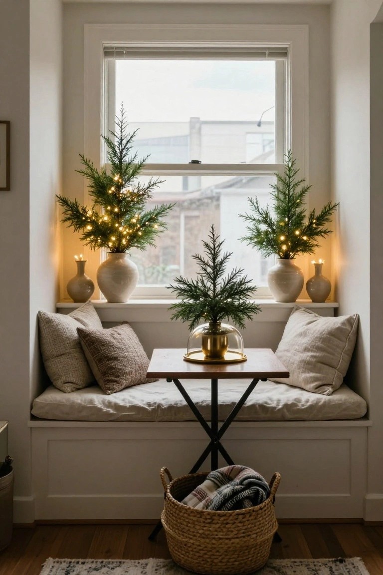 Window bench seat with beige cushions and pillows, small wooden table under a glass dome, flanked by small potted evergreen trees with fairy lights in white vases, candles, and a wicker basket with blankets on the floor in a white room.