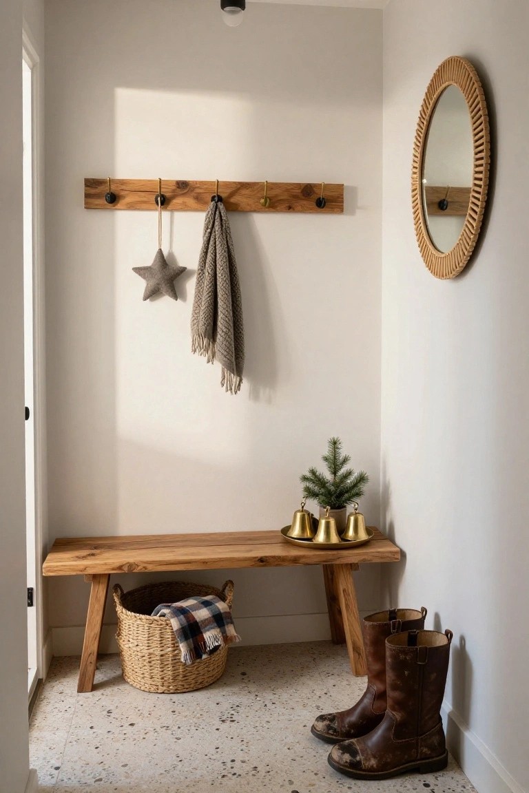 Narrow indoor entryway with white walls, wooden wall hooks holding a gray scarf and fabric star, round rattan mirror, wooden bench with wicker basket containing plaid blanket and tray of gold bells next to small potted Christmas tree, and brown leather boots on speckled tile floor.