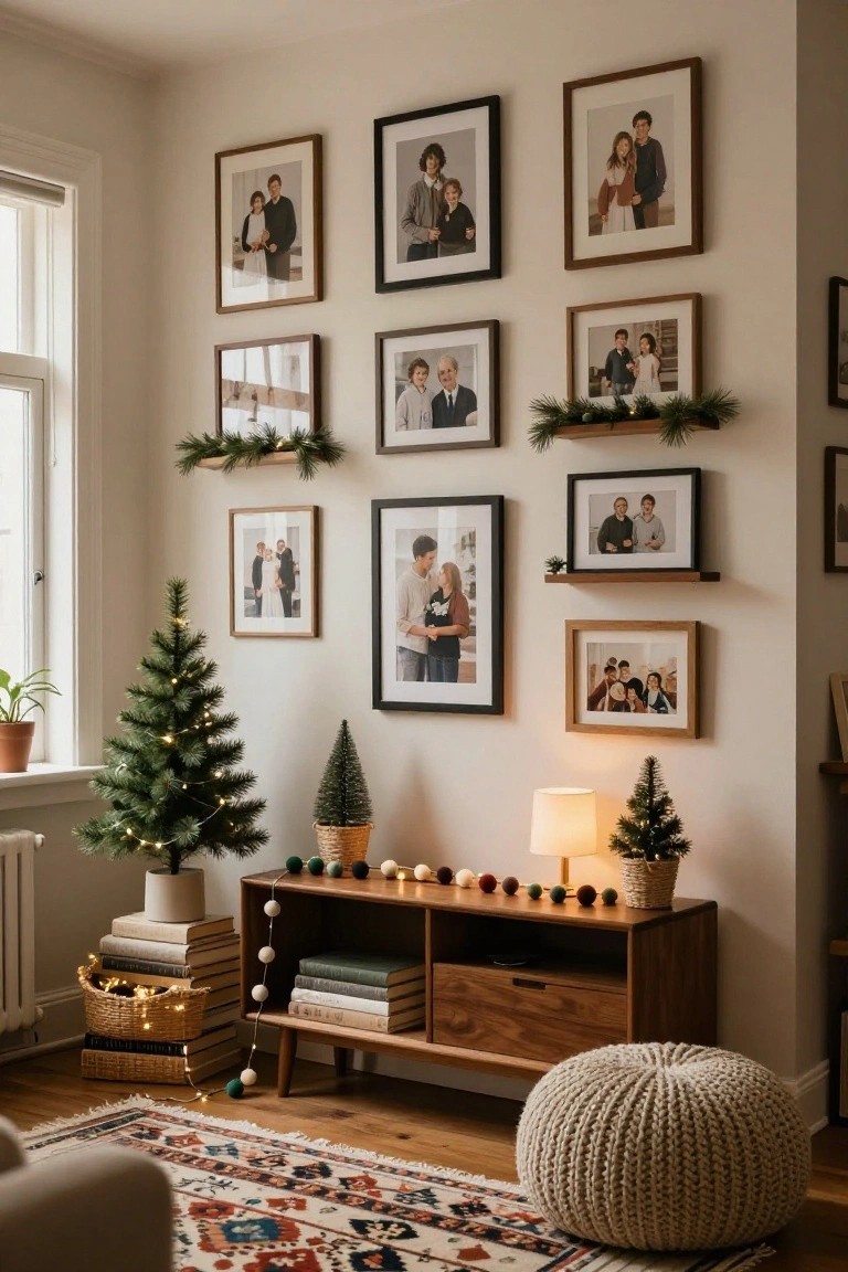 Cozy apartment living room corner featuring a large gallery wall of family photos in various wood and black frames, Christmas garlands on floating shelves, small lit Christmas trees, a wooden credenza with books and ornaments, a knitted pouf, and a patterned rug on hardwood floors.