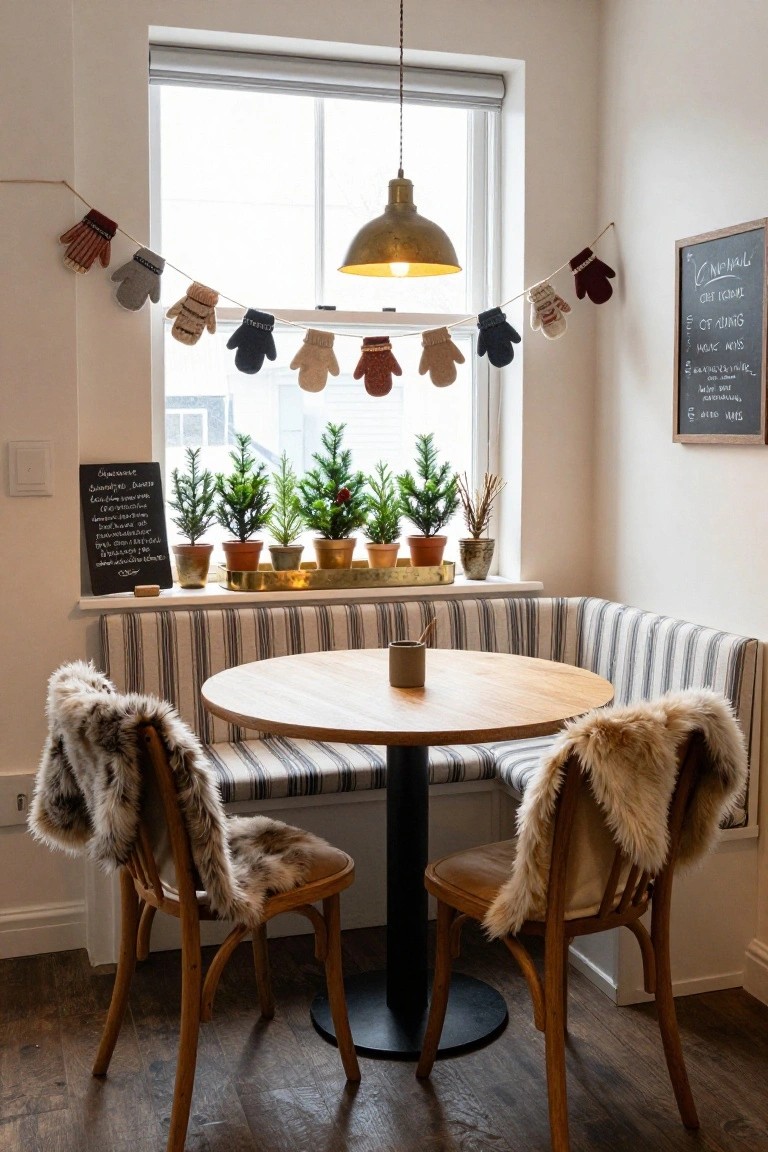 Cozy interior banquette seating area under a large window with knitted mittens garland, potted evergreen plants on the sill, fur throws draped over wooden chairs around a round wooden table, and striped upholstery on the bench.