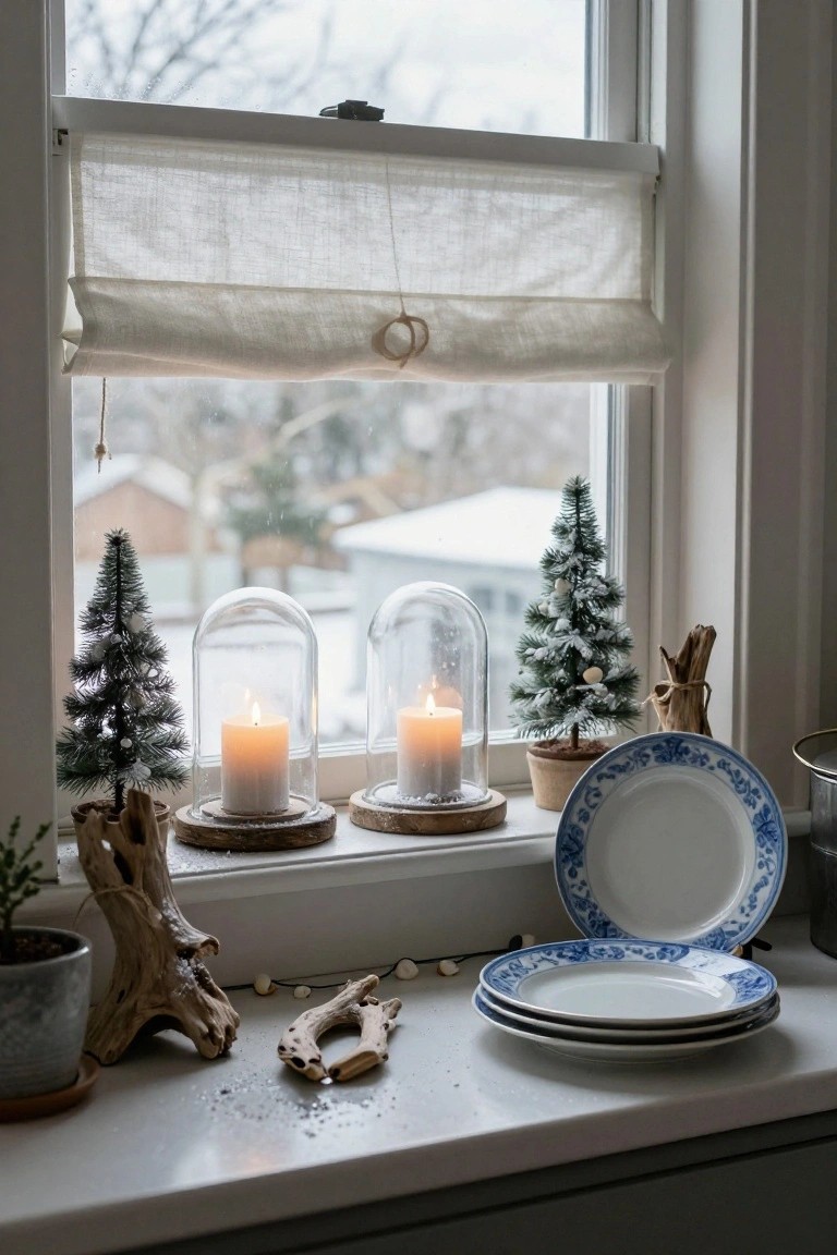 Windowsill inside a home decorated with two small flocked Christmas trees, two candles under glass domes on wooden bases, pieces of driftwood, stacked blue and white plates, shells, and a potted plant, with a snowy outdoor view through the window.