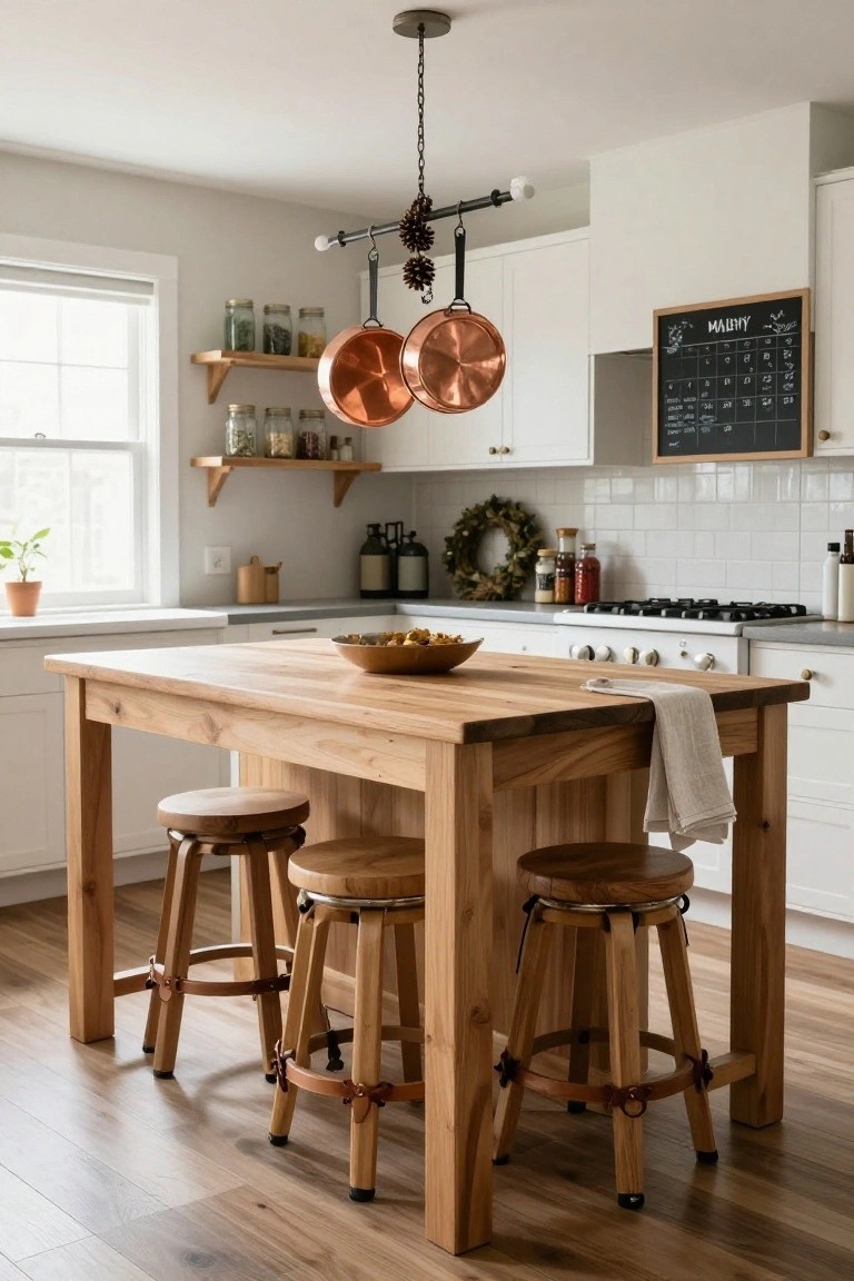 Small kitchen with white cabinets, wooden island table topped with a bowl and towel, four wooden stools with leather details, hanging copper pots with pinecones, wreath on wall, and chalkboard calendar.