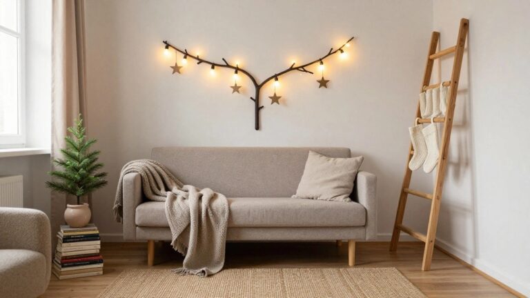 Corner of a light-filled living room with a black metal wall-mounted branch tree sculpture lit with warm bulbs and hanging star ornaments, wooden ladder leaning nearby, small potted Christmas tree in white pot, beige sofa with cream pillow and throw blanket, wooden slatted cabinet with two hanging knit stockings and stacked books on shelf.