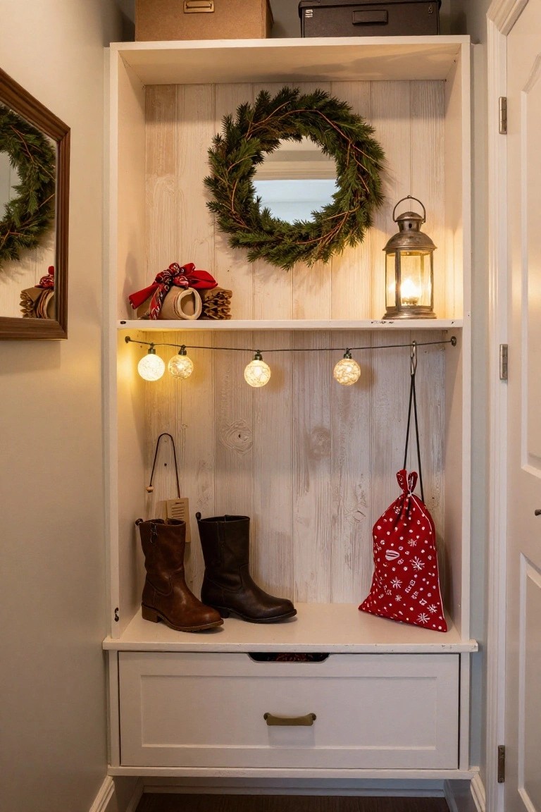 A white shiplap-backed built-in cabinet in an indoor entryway holding brown leather boots, a hanging leather bag, and a red polka-dot gift sack, decorated with a fir wreath, lit lantern, string lights, and ribbon-wrapped boxes.