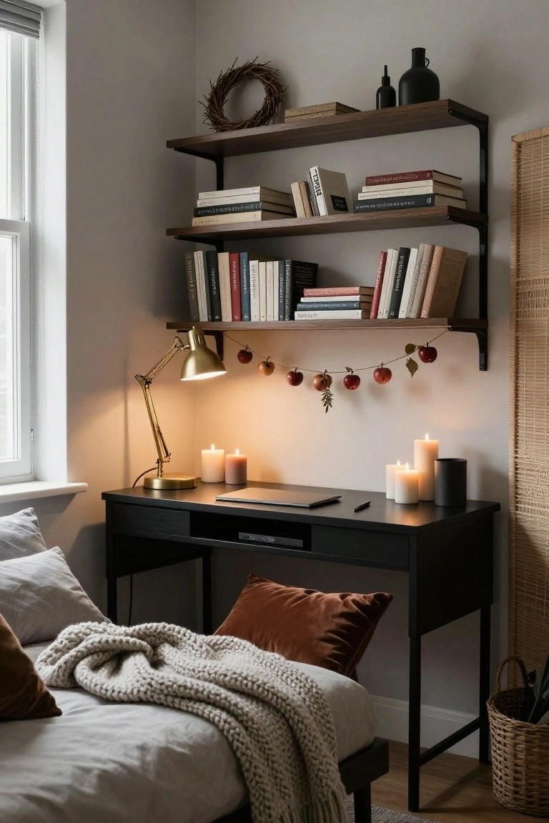 Cozy bedroom corner with wooden wall-mounted shelves holding books, faux apple garland draped along the shelf edge, brass desk lamp lit on black desk with laptop and candles, bed with gray sheets knitted throw and pillows nearby.