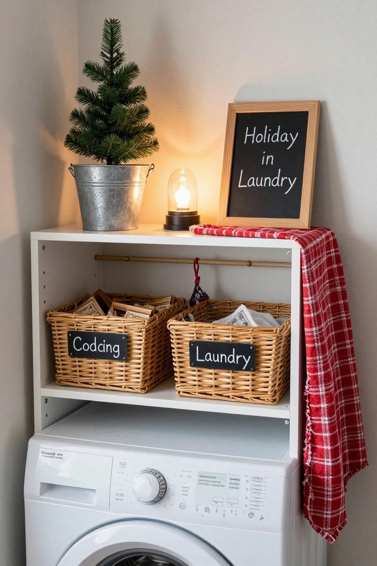 White open shelf mounted above a white front-loading washing machine in a corner laundry area, with two labeled wicker baskets containing papers and fabrics, a small potted Christmas tree, a lit bulb lamp, a framed chalkboard sign reading "Holiday in Laundry," and red plaid cloth draped on the shelf.