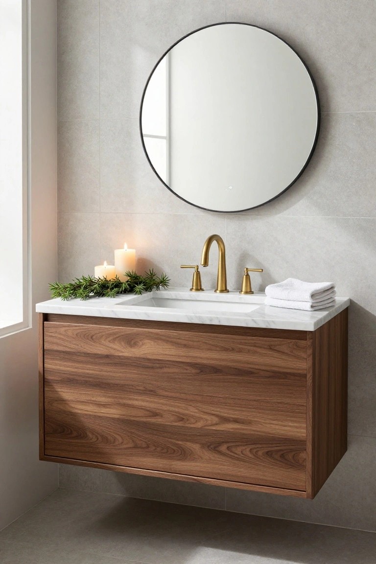 Floating walnut bathroom vanity with white marble top and integrated sink, gold faucet, evergreen branches, lit white pillar candles, and stacked white towels under a large round black-framed mirror against gray tile walls.