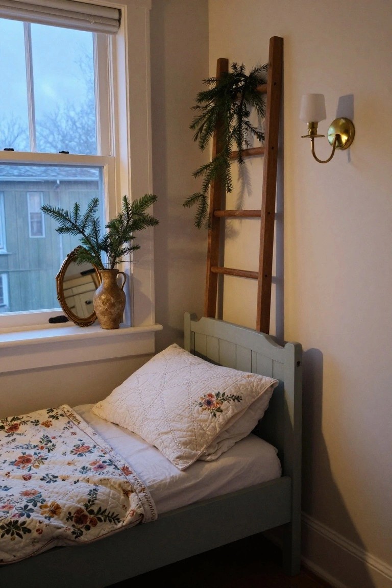 Wooden ladder in bedroom corner wrapped with fir branches, next to small mint green single bed with white floral quilted bedding and pillows, window ledge holding potted fir branches and gold mirror.