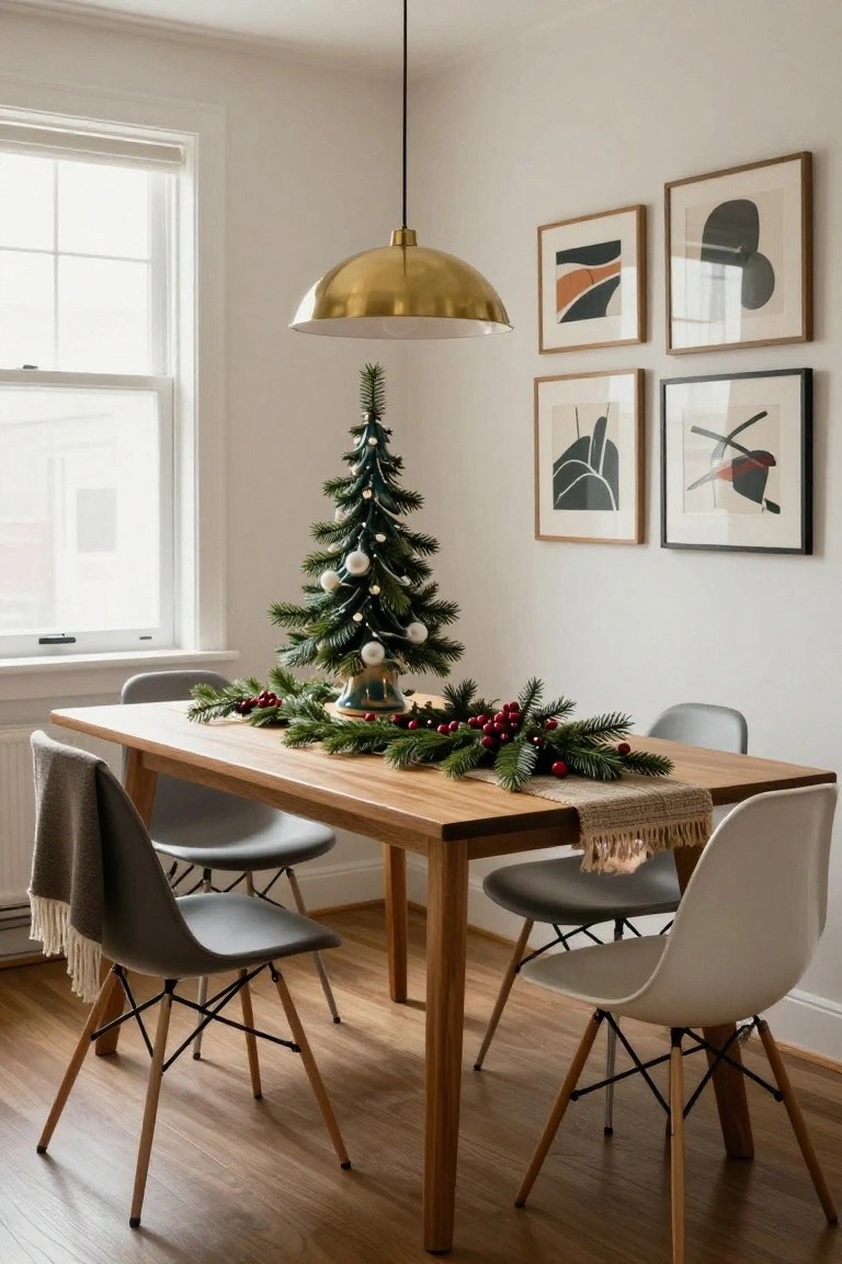 Cozy dining area with a small Christmas tree, wooden table, and stylish chairs.