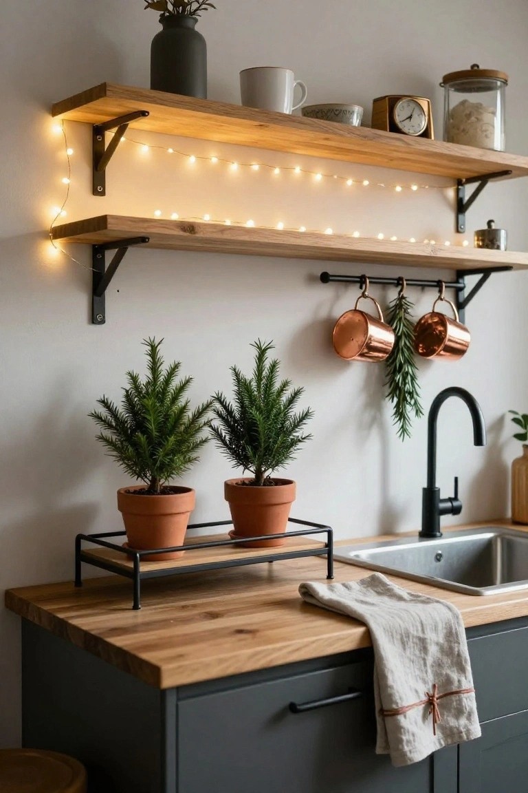 Kitchen counter with a black metal rack holding two small potted fir trees in terracotta pots, wooden floating shelves strung with fairy lights above, hanging copper mugs, a black faucet over a stainless sink, and gray cabinets below.