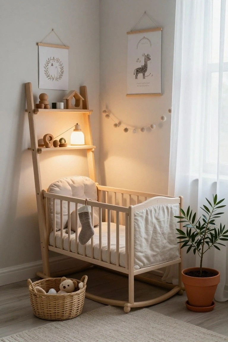 Light wooden rocking crib in a nursery corner with white bedding, knit Christmas stocking on the rail, ladder shelf above holding wooden toys and a ceramic lamp, basket of stuffed animals on the floor, sheer curtains on window, and potted plant nearby.
