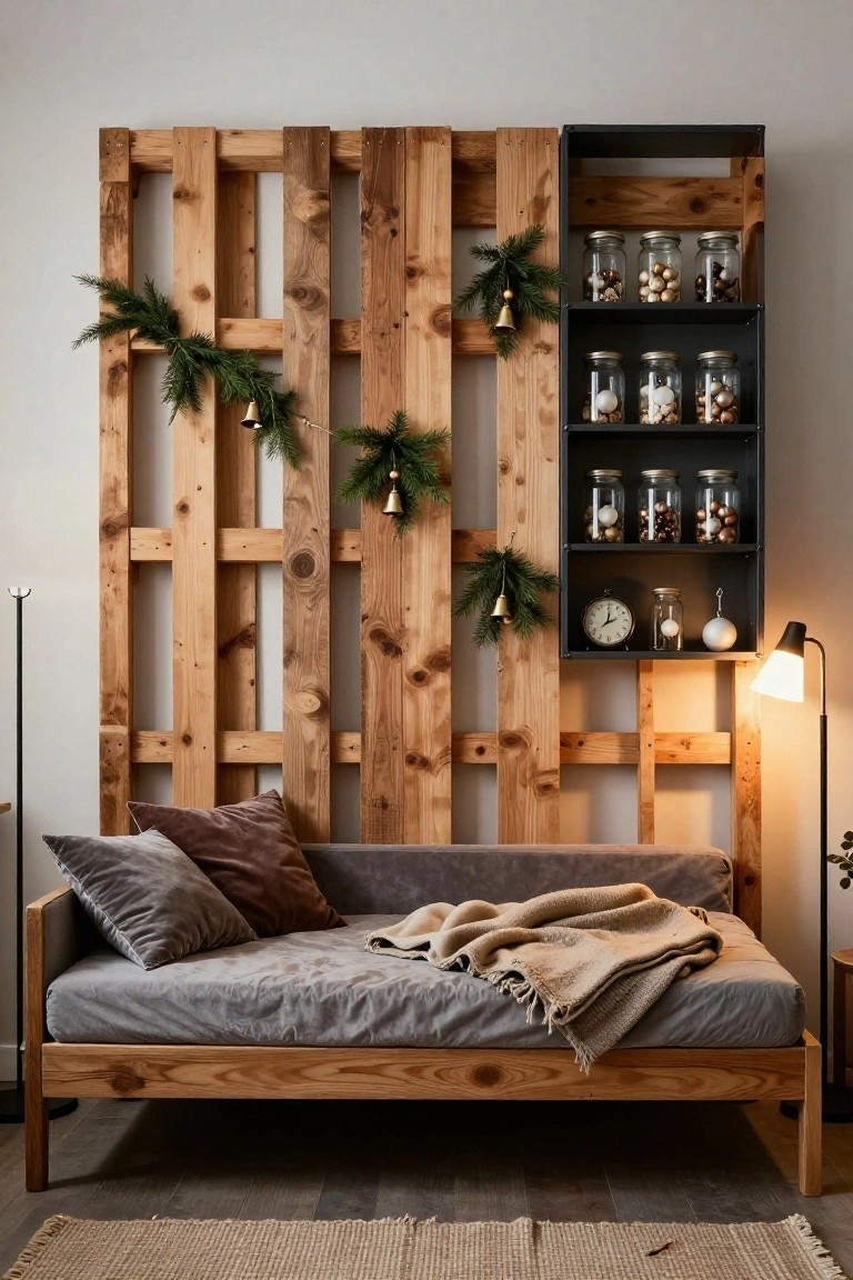 Wooden pallet wall with black metal shelves holding glass jars of Christmas ornaments, evergreen branches, bells, and a clock, behind a low wooden daybed with gray velvet cushions, pillows, and a beige blanket in a light room with a floor lamp.
