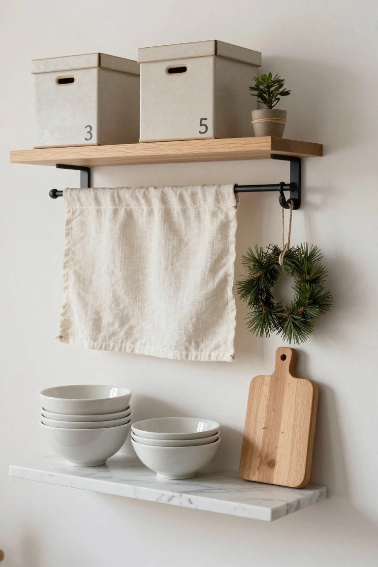 Oak wall shelf with two beige boxes labeled 3 and 5 and potted plant, black towel rod below holding white linen cloth and small green Christmas wreath, white marble shelf underneath with stacked white bowls and wooden cutting board on white wall.