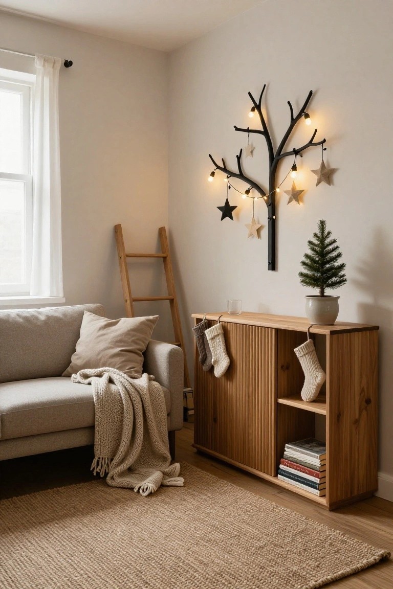 Corner of a light-filled living room with a black metal wall-mounted branch tree sculpture lit with warm bulbs and hanging star ornaments, wooden ladder leaning nearby, small potted Christmas tree in white pot, beige sofa with cream pillow and throw blanket, wooden slatted cabinet with two hanging knit stockings and stacked books on shelf.