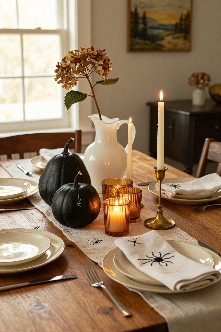 Wooden dining table decorated for Halloween with two black pumpkins, white pitcher, amber glass votives, brass candlestick, white plates, and napkins embroidered with black spiders on a runner.