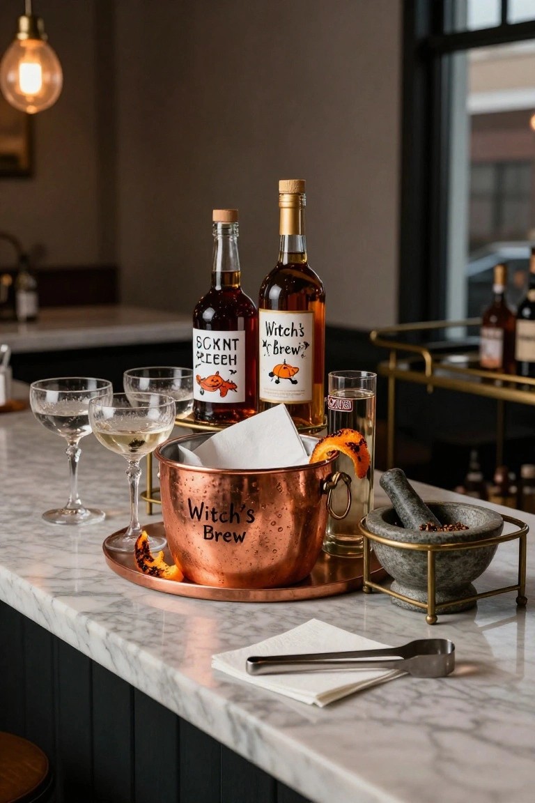Close-up of a marble bar counter displaying Halloween-themed Witch's Brew liquor bottles, a copper ice bucket labeled Witch's Brew, champagne glasses in ice, orange peel garnishes, a mortar with peppercorns, and tongs.