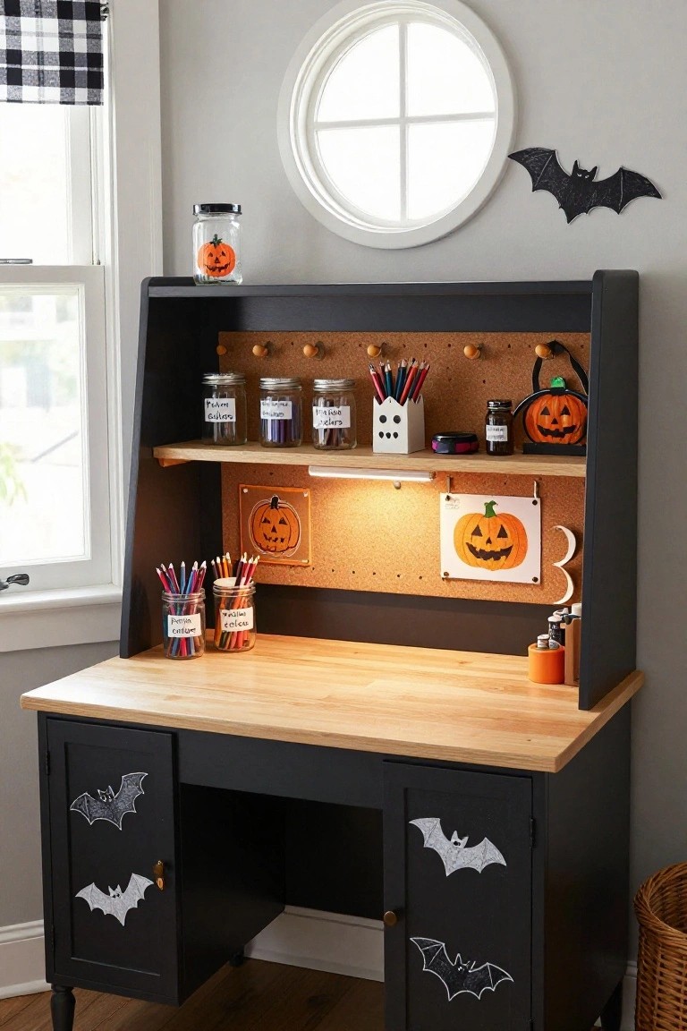 Black wooden hutch desk with light wood top in a room, decorated for Halloween with bat stickers on drawers, labeled glass jars of pencils and markers on shelves, pumpkin artwork, and bat cutouts on walls.