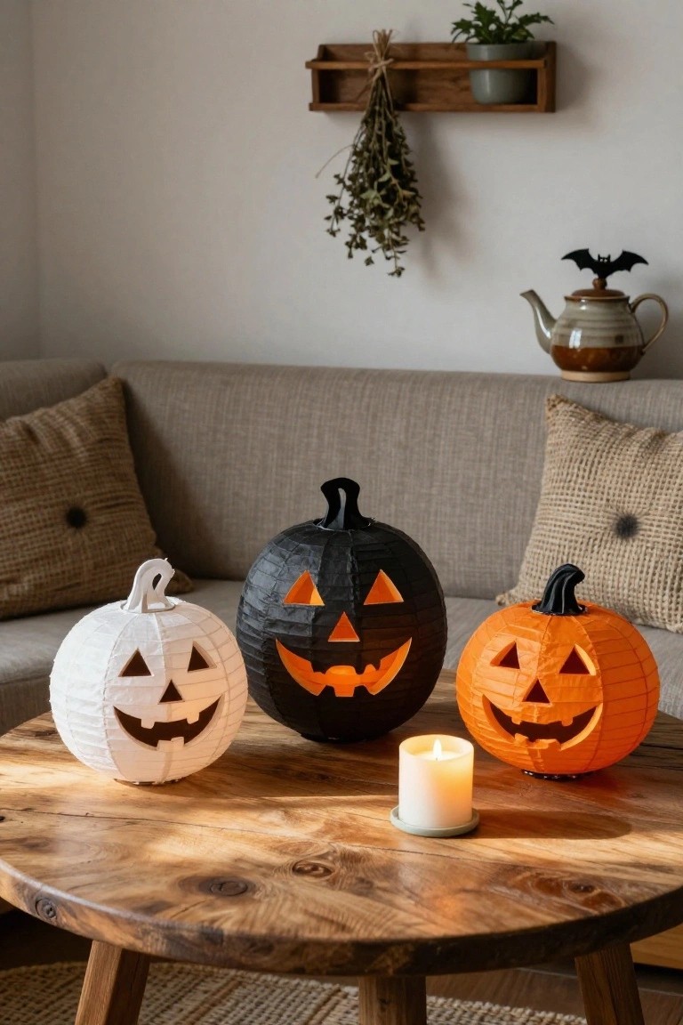 Three paper jack-o-lantern lanterns in white, black, and orange on a wooden coffee table in a living room with beige sofa, candle, and Halloween details in background.