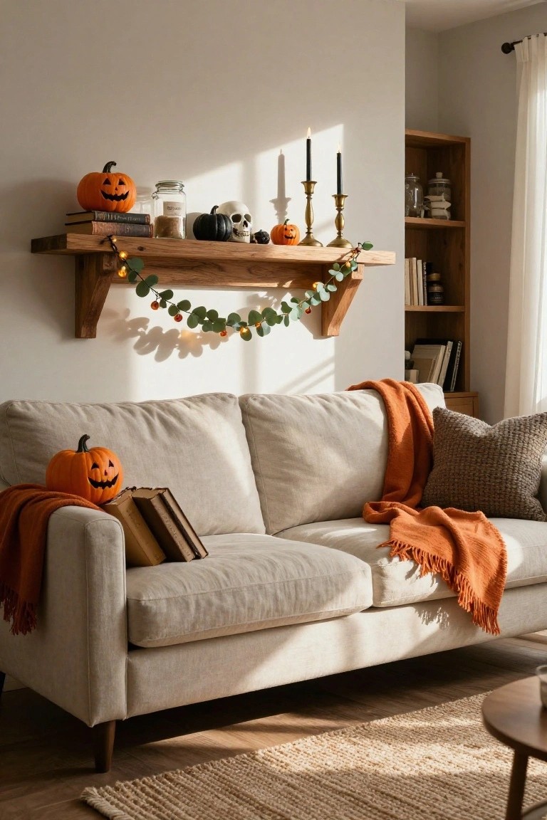 A wooden floating shelf on a white wall displays stacked books, orange and black pumpkins, a white skull, glass jars, black candles in brass holders, and a green leaf garland with lights, above a beige sofa with an orange throw blanket, carved pumpkin, books, and pillows in a light wood-floored living room.
